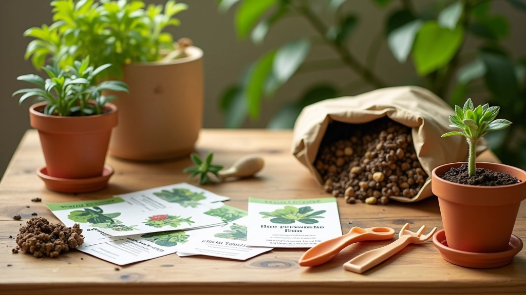 Arranjo de materiais essenciais para horta urbana: sementes, vasos, terra, ferramentas pequenas organizadas numa mesa de madeira