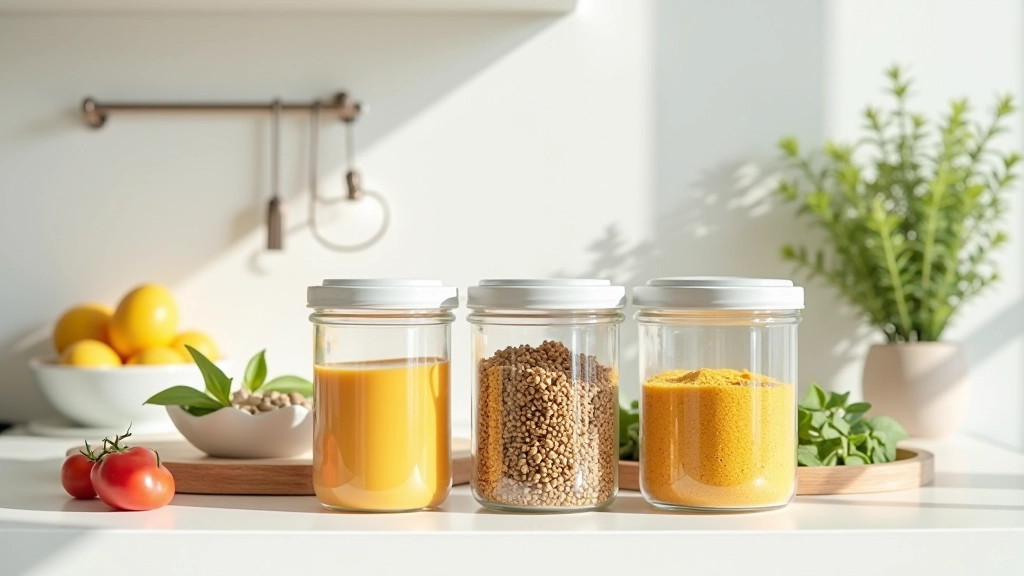 Frascos de vidro organizados em prateleira de cozinha com alimentos frescos e temperos