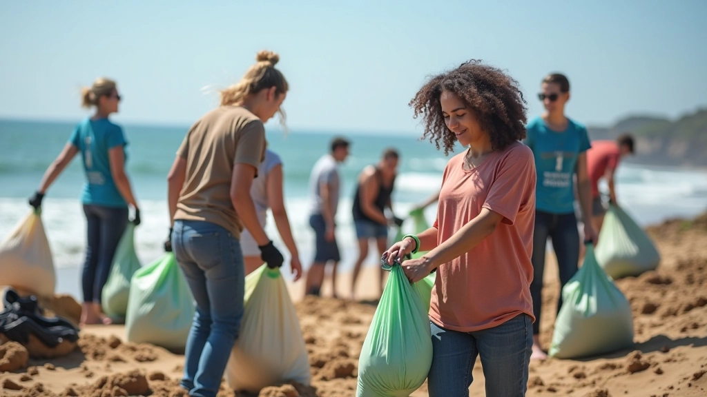 Grupo de voluntários a apanhar lixo numa praia durante uma limpeza comunitária