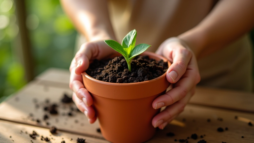 Close-up de mãos plantando sementes em terra num vaso, momento educativo e prático da jardinagem urbana