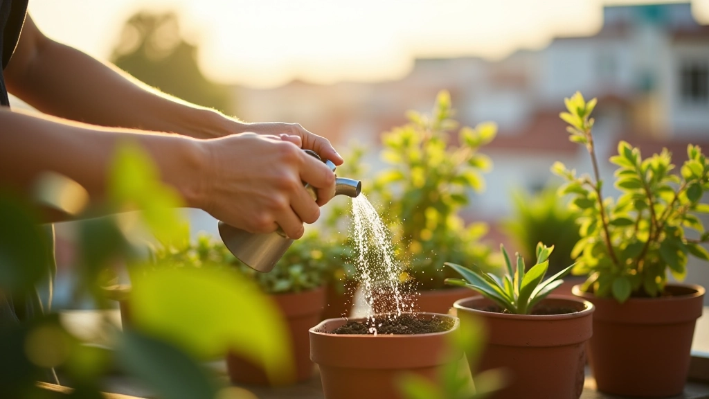 Mãos de uma pessoa a regar plantas numa varanda com vista para a cidade