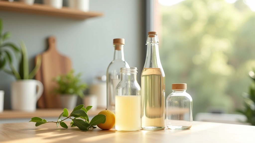 Garrafas de vidro e metal reutilizáveis em cozinha moderna, alternativa ao plástico descartável