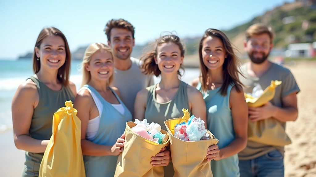 Voluntários sorridentes segurando sacos cheios de plástico recolhido de uma praia, mostrando o resultado do seu trabalho