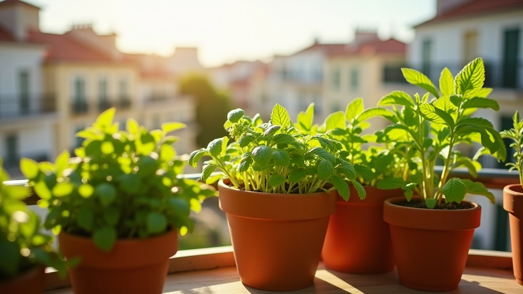 Varanda ensolarada com diversos vasos de ervas aromáticas e pequenas plantas, espaço urbano bem aproveitado