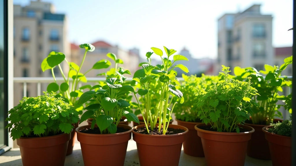 Varanda urbana com várias plantas em diferentes estágios de crescimento, mostrando diversidade de espécies numa horta caseira