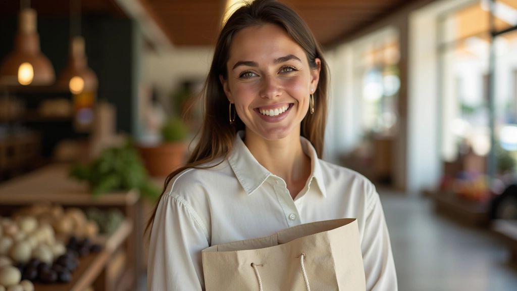 Mulher carregando sacolas de pano reutilizáveis após fazer compras no mercado local