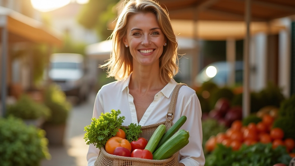 Mulher usando saco de rede para comprar vegetais e frutas frescos no mercado local português