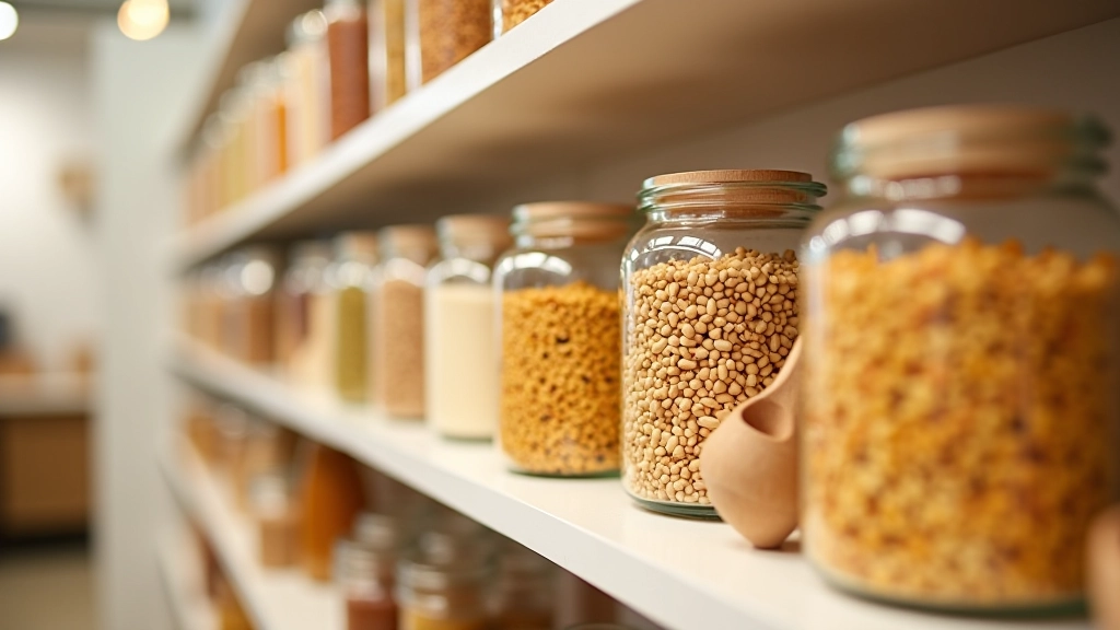 Variedade de produtos a granel numa loja zero desperdício: cereais, frutos secos, legumes e produtos de higiene